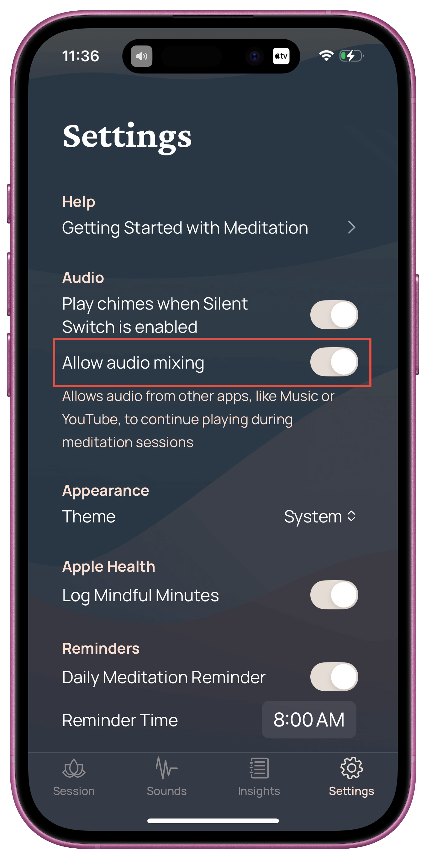 Screenshot: Bell settings with Audio Mixing toggled on