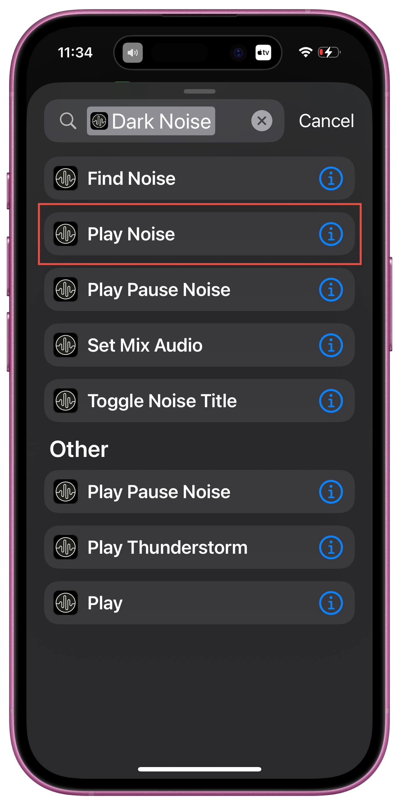 Screenshots: Adding and configuring Dark Noise Play Noise action