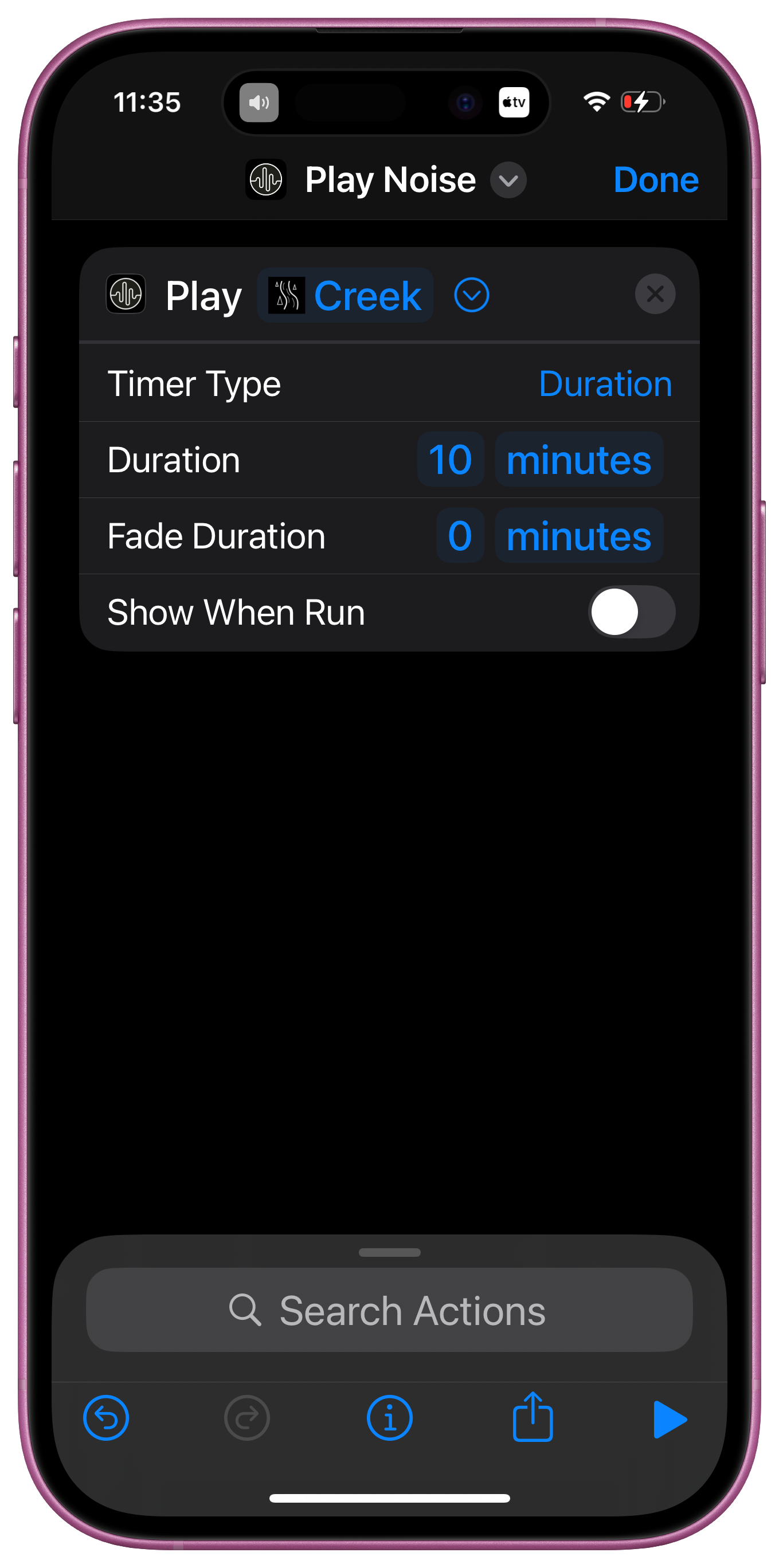 Screenshots: Adding and configuring Dark Noise Play Noise action