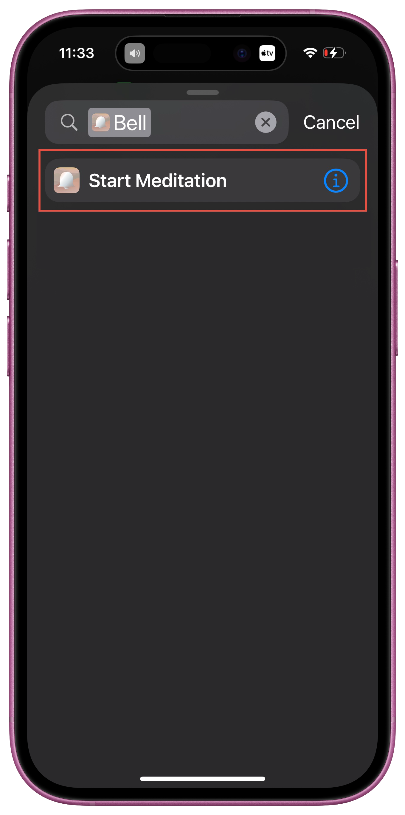 Screenshots: Adding and configuring Bell Start Meditation Session action