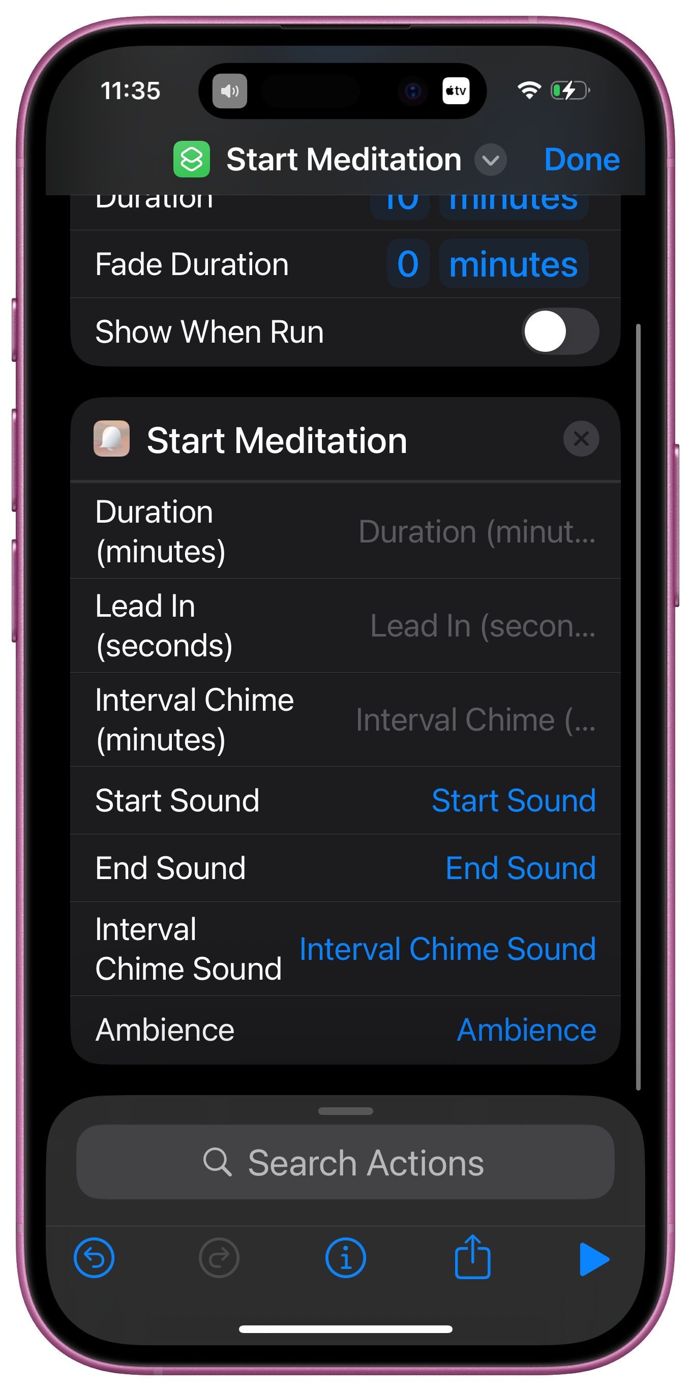 Screenshots: Adding and configuring Bell Start Meditation Session action