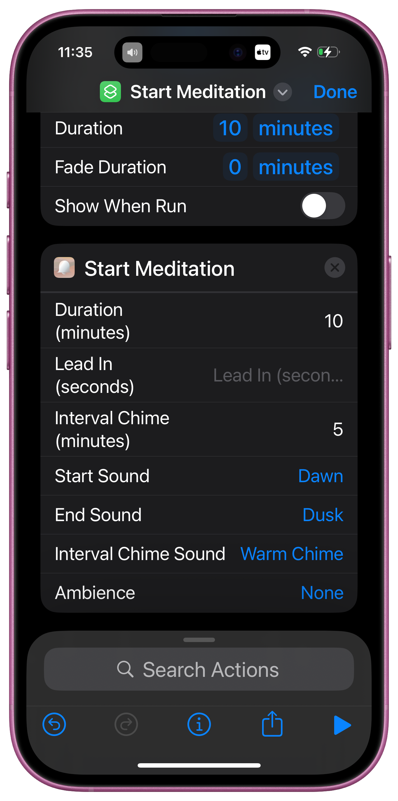 Screenshots: Adding and configuring Bell Start Meditation Session action